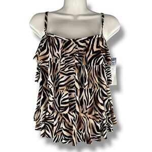 Y2K Vintage Animal Print Ruffled Layered Tank Top Slimming Retro Funky Size 10